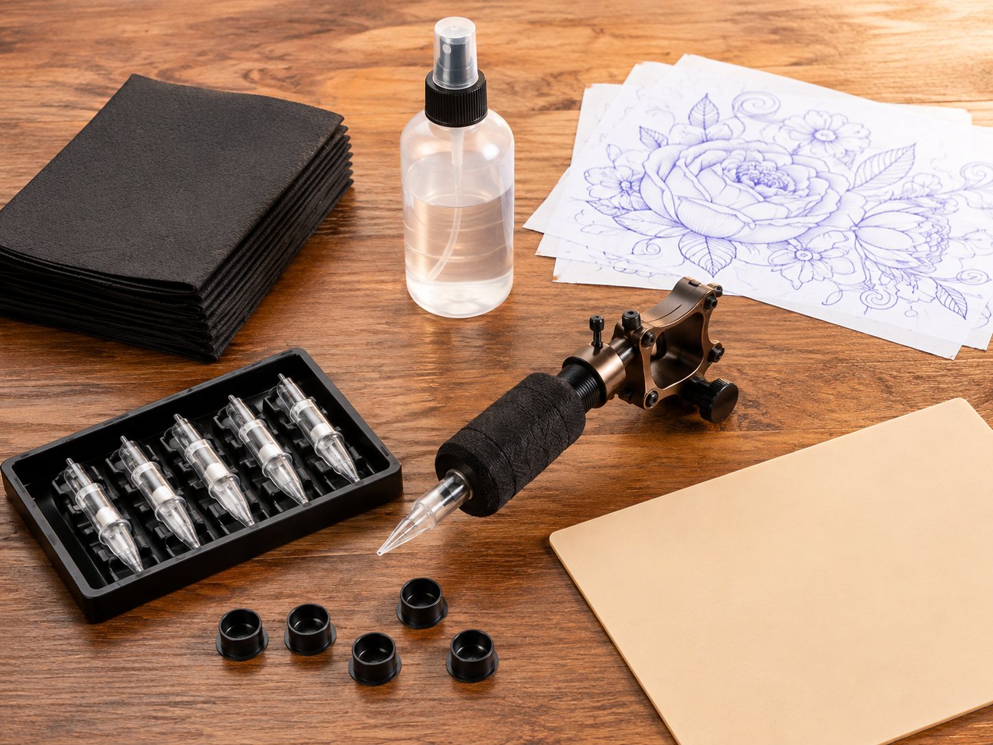 Detailbild: Tattoo-Maschine, Nadelmodule, Griff, vorbereiteter Arbeitsplatz — clean fotografiert