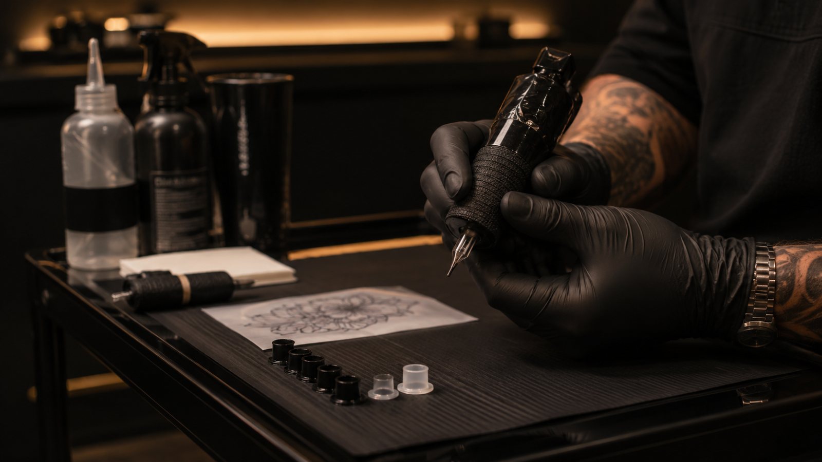 Hero: Tattoo-Maschine in der Hand, sauberer Arbeitsplatz, dunkler Studio-Look